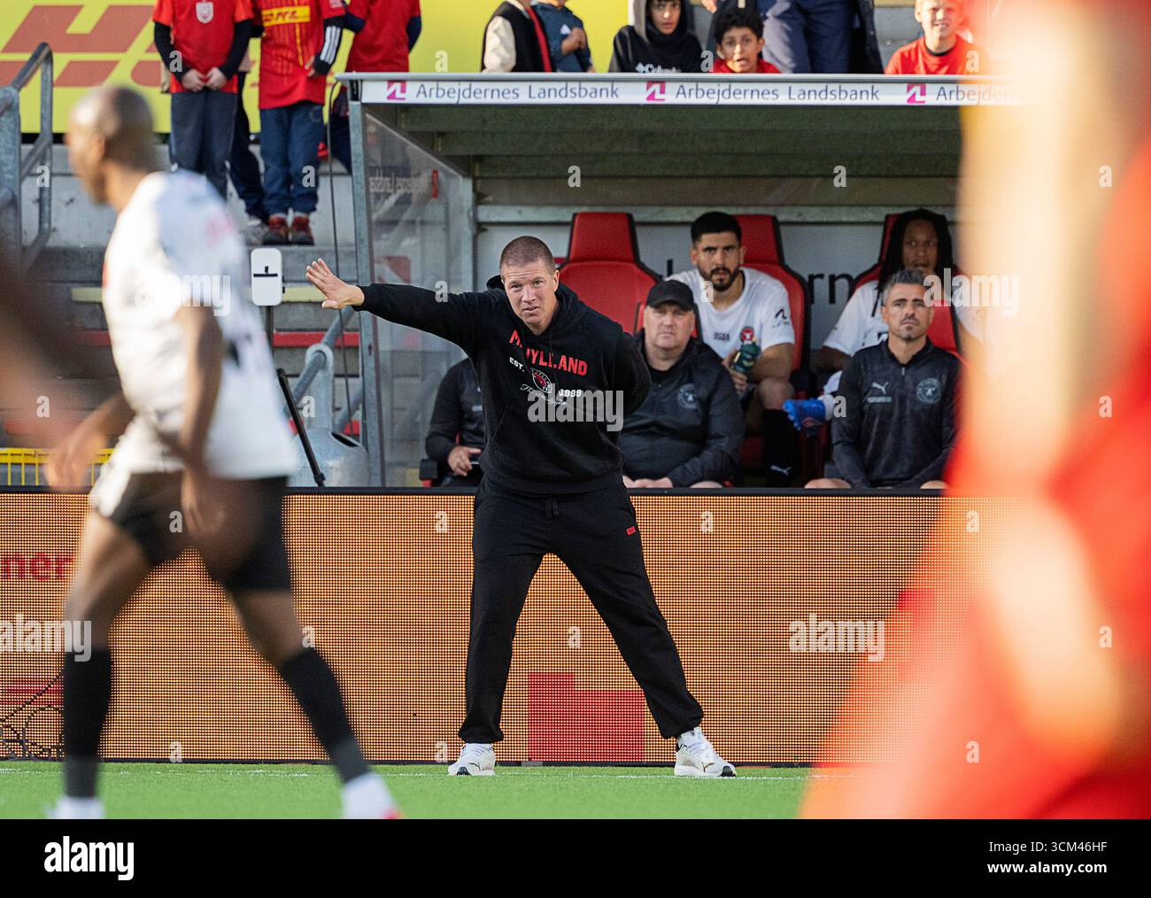 FC Midtjylland's Head Coach Mike Tullberg during the Super League match ...
