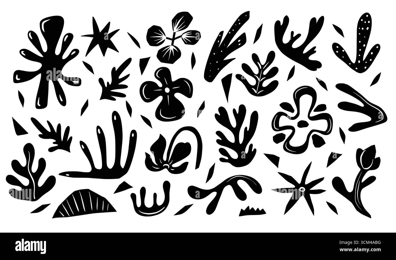 Monochrome abstract elements with figures, birds and plants. Vector Stock Vector