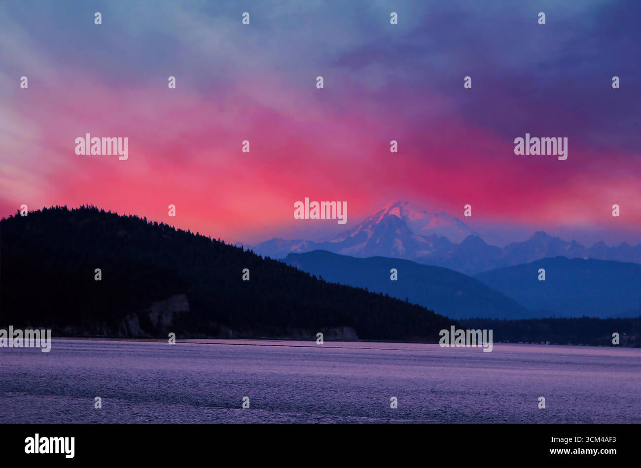 San Juan Islands, Washington; Salish Sea archipelago with forested isles, ferry routes, orca-rich waters, and sunset-lit shorelines near Friday Harbor Stock Vector