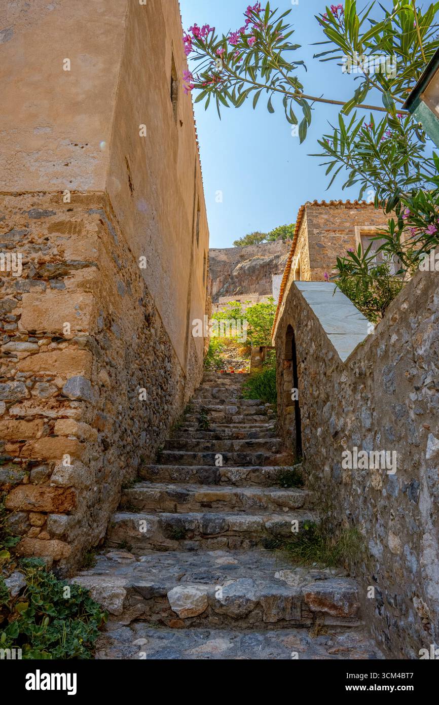 Narrow alleyway, Medieval walled village of Monemvasia, Greece Stock Photo