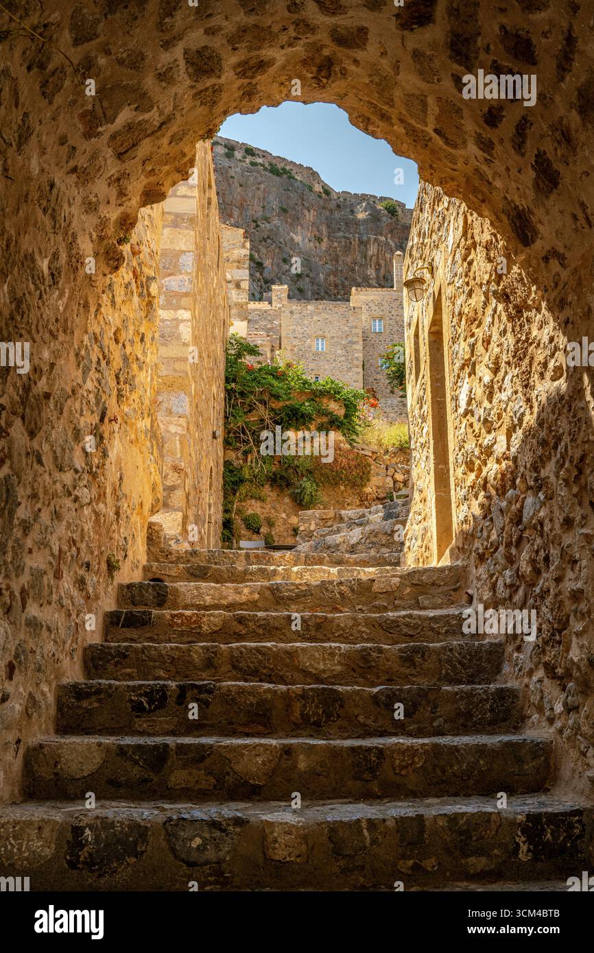 Narrow alleyway, Medieval walled village of Monemvasia, Greece Stock Photo