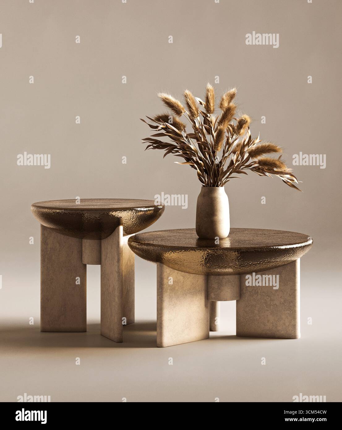 Elegantly simple 3d render composition of textured tables and vase with ...