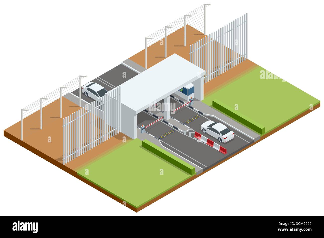 Isometric border checkpoint with cars, barriers, and inspection booths ...