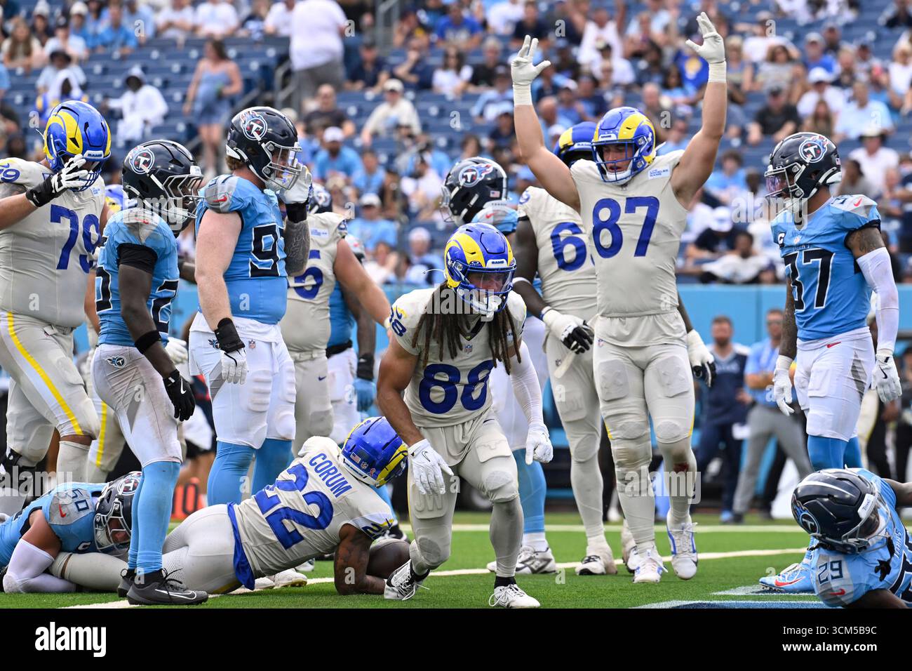 Los Angeles Rams tight end Davis Allen (87) celebrates after running ...