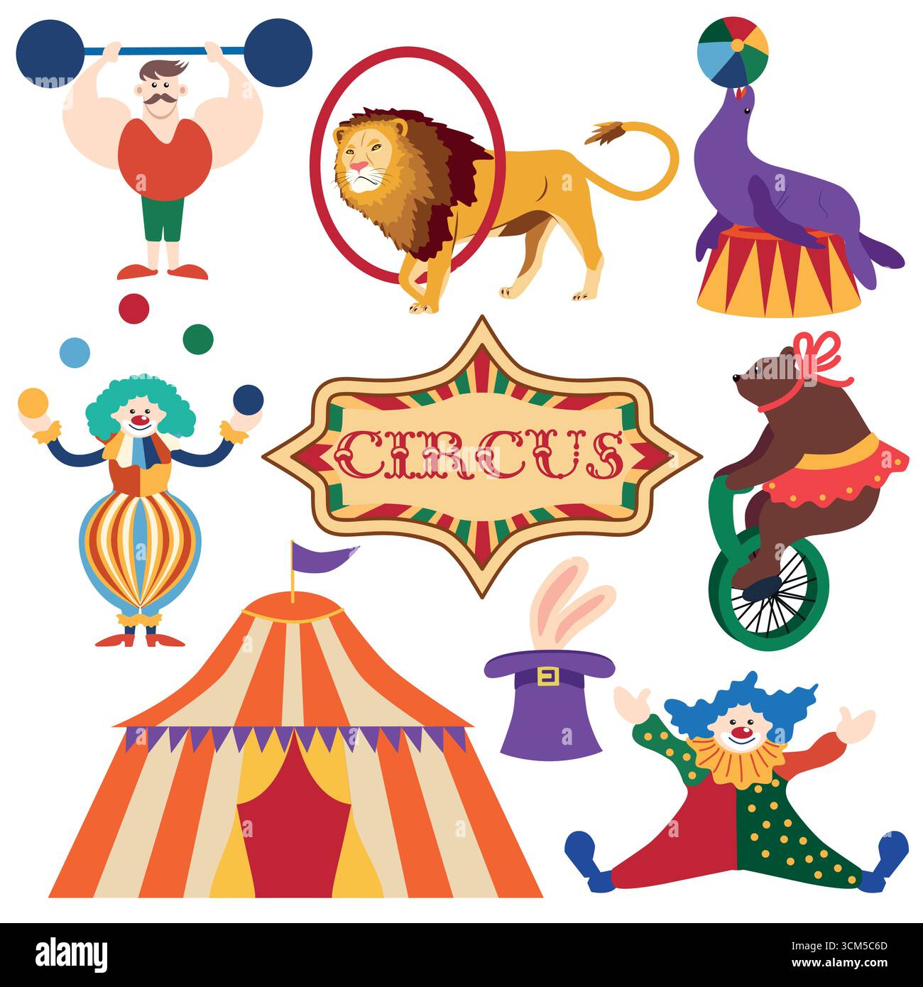 Circus chapito set. Vector characters of strongman, clown, juggler and ...