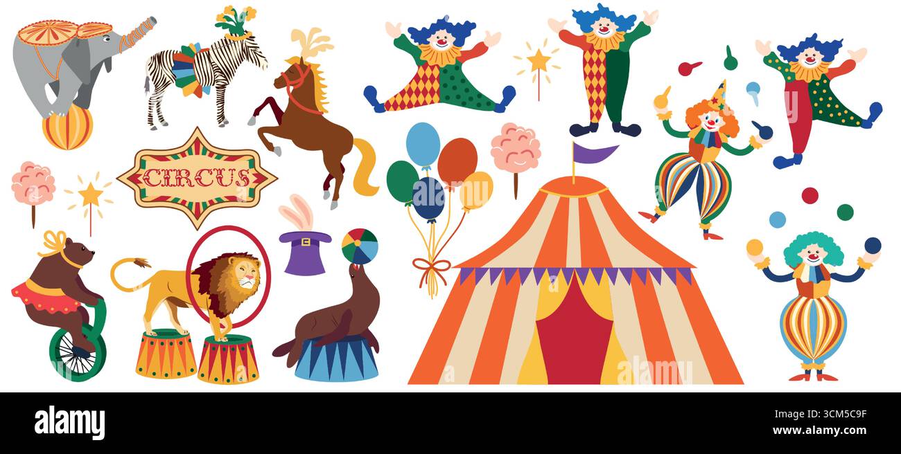 Circus chapito set. Vector characters of strongman, clown, juggler and ...