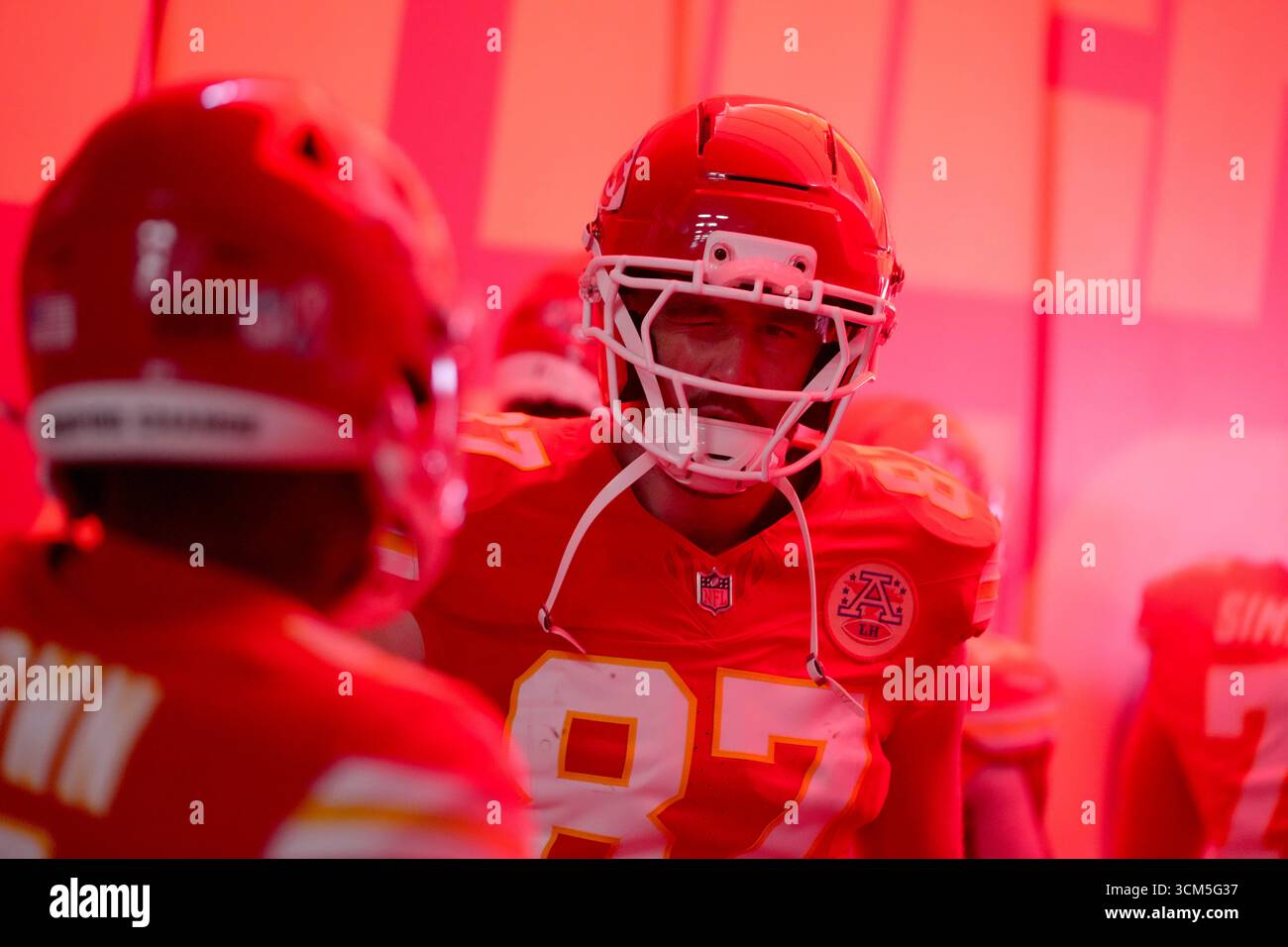 Kansas City Chiefs tight end Travis Kelce is seen in the tunnel before