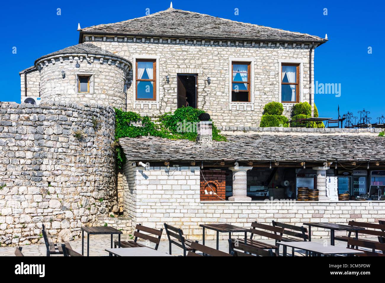 Photos of Lëkurësi Castle (Kalaja e Lëkurësit) and its surroundings. The castle is a fortress above Saranda in Albania. Stock Photo