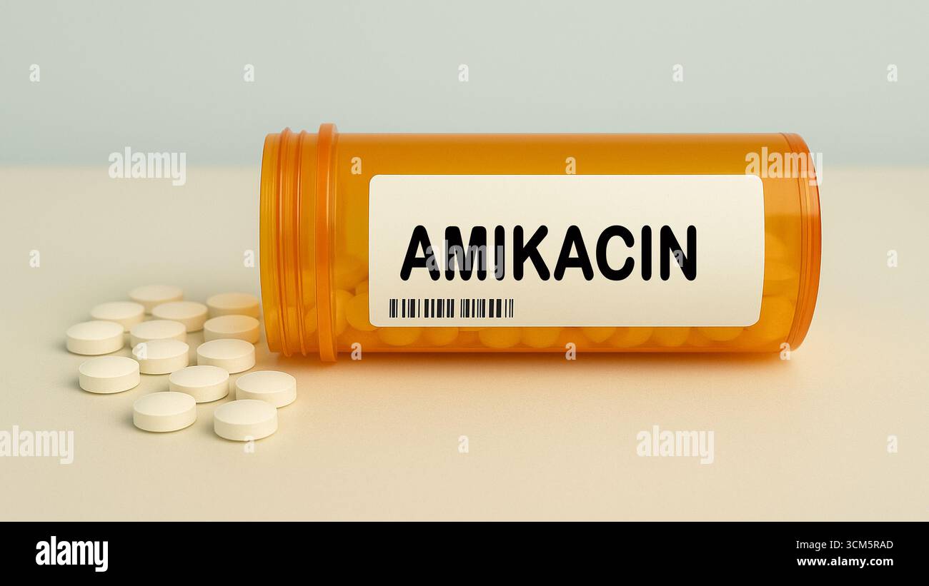 Box of AMIKACIN tablets on a hospital pharmacy table used to treat ...