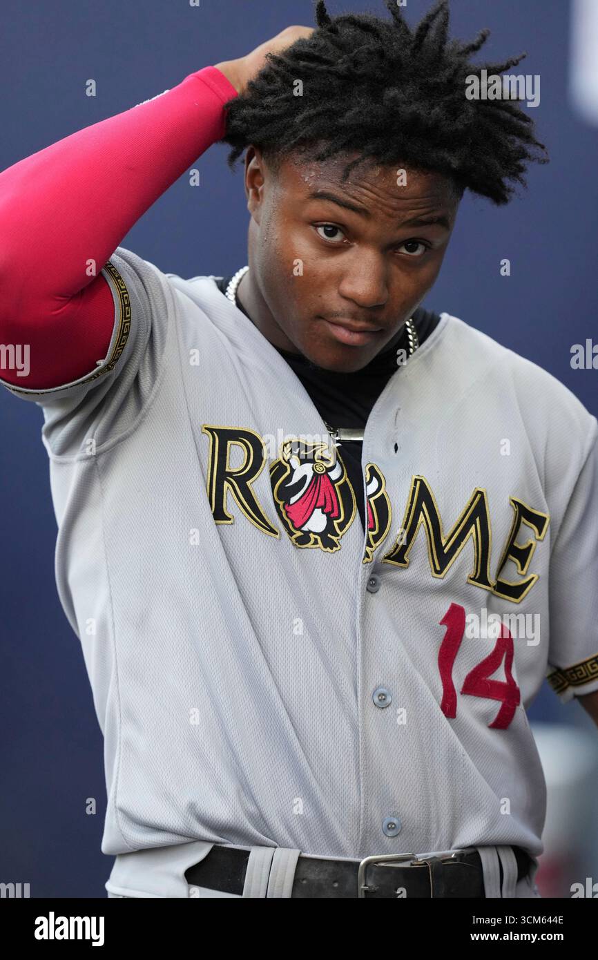 Isaiah Drake (14) of the Rome Emperors in the dugout during a South ...