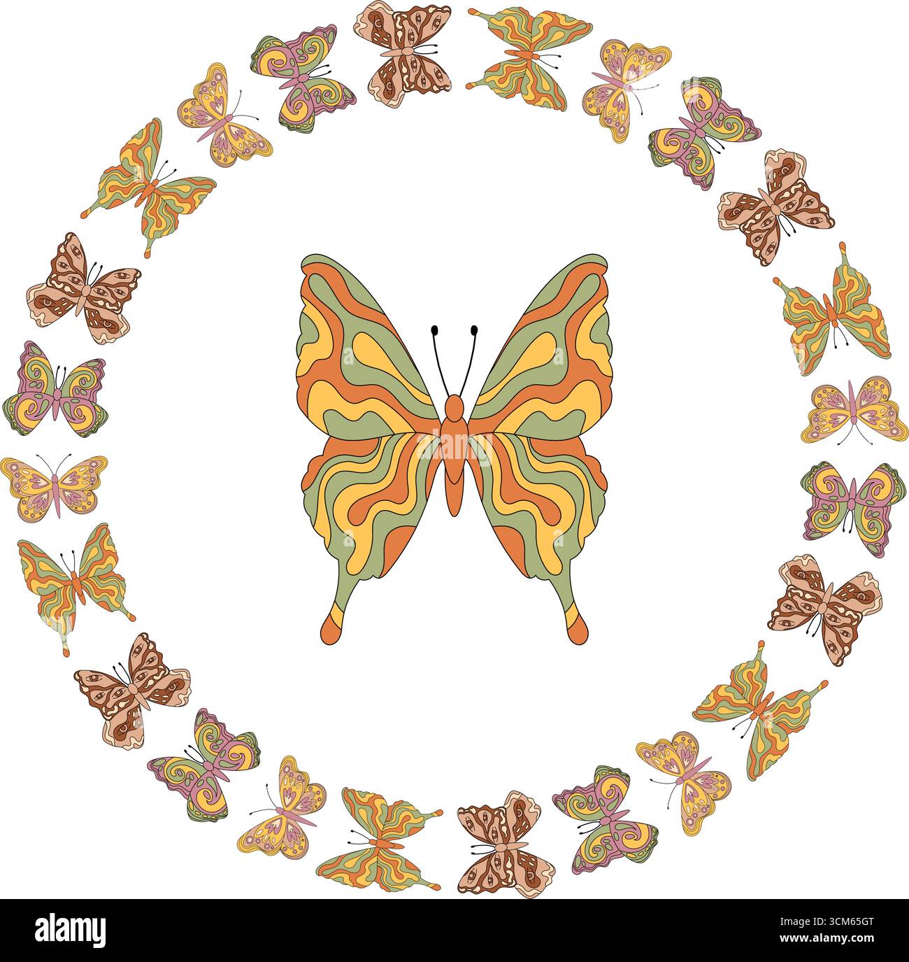 Groovy Retro Butterfly Circle Frame Pattern Stock Vector