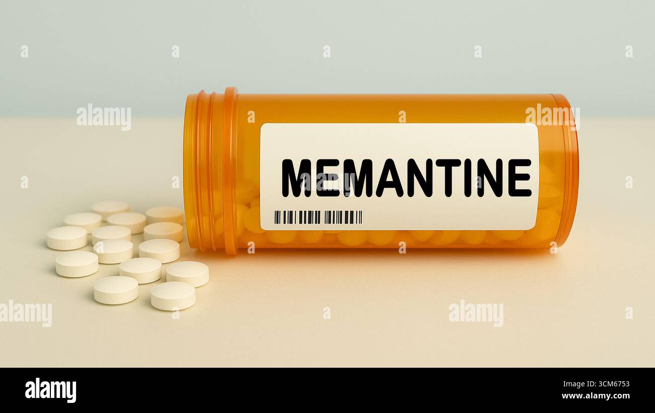 Mem Tablet Box of MEMANTINE tablets on a hospital pharmacy table used to treat ...