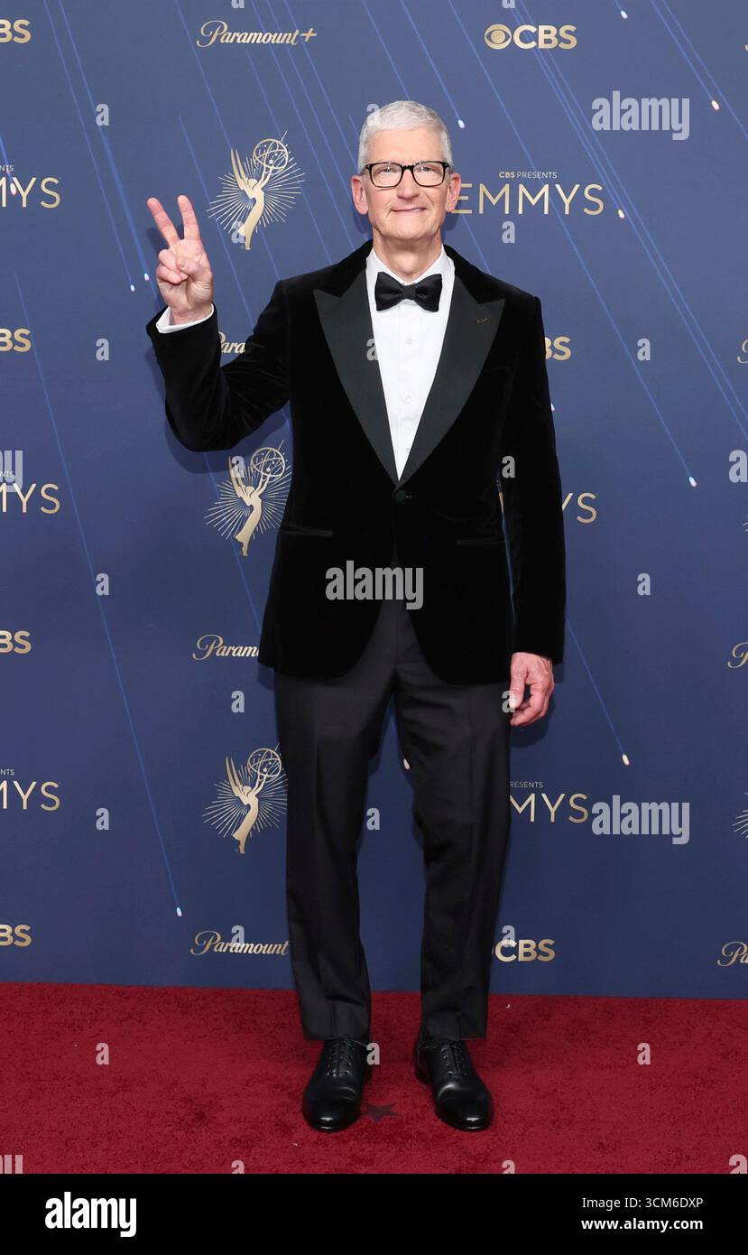 Tim Cook arrives at the 77th Emmy Awards on Sunday, Sept. 14, 2025 at ...