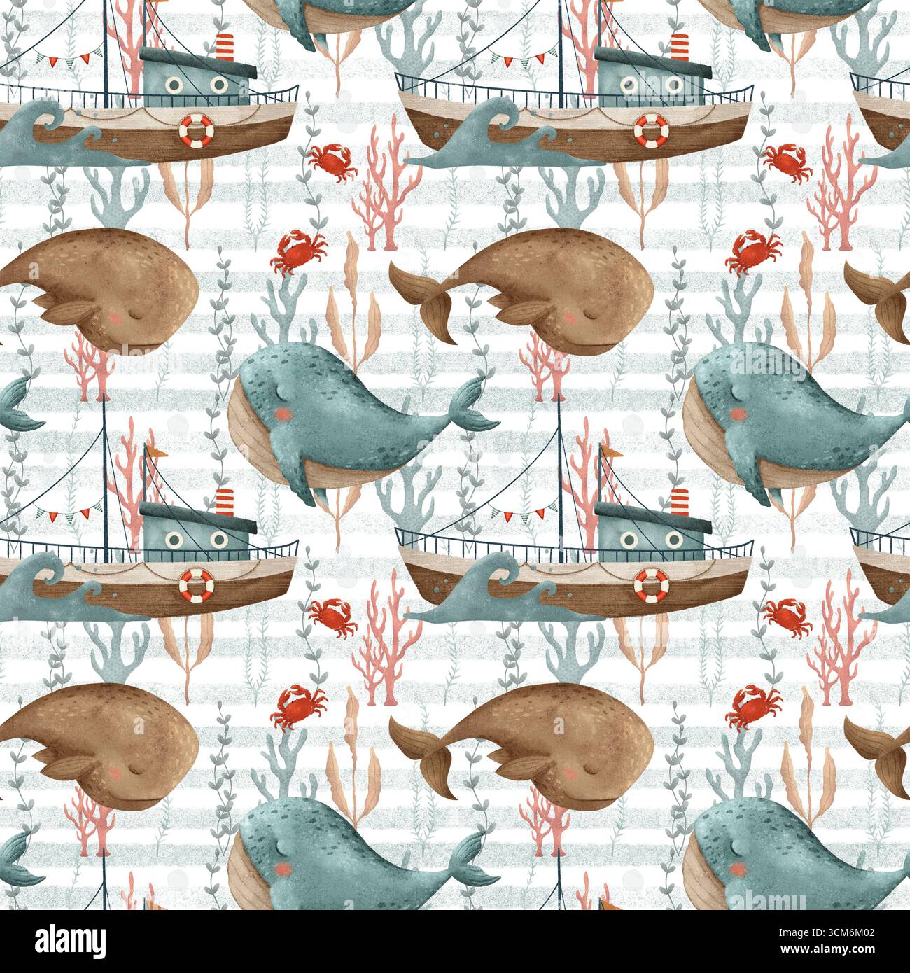 Marine pattern with cute blue whale and brown sperm whale, sea tug ...