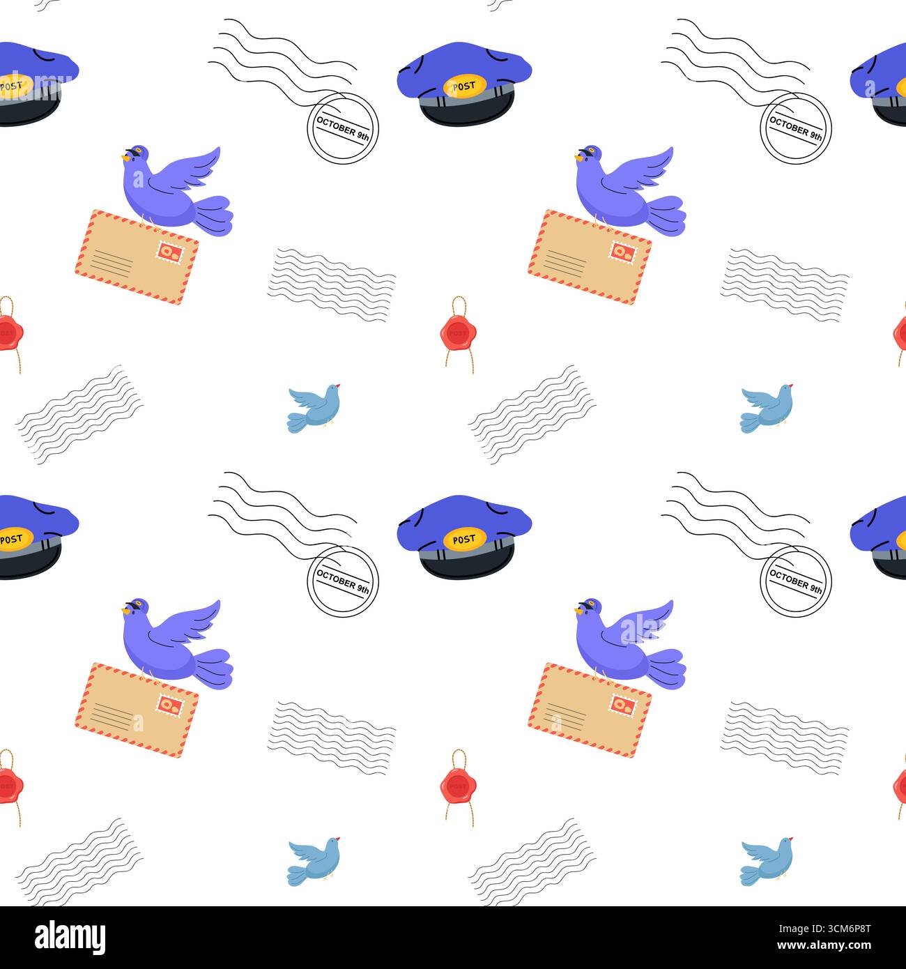 Colorful pattern featuring postal elements and birds illustrating communication concepts Stock Vector