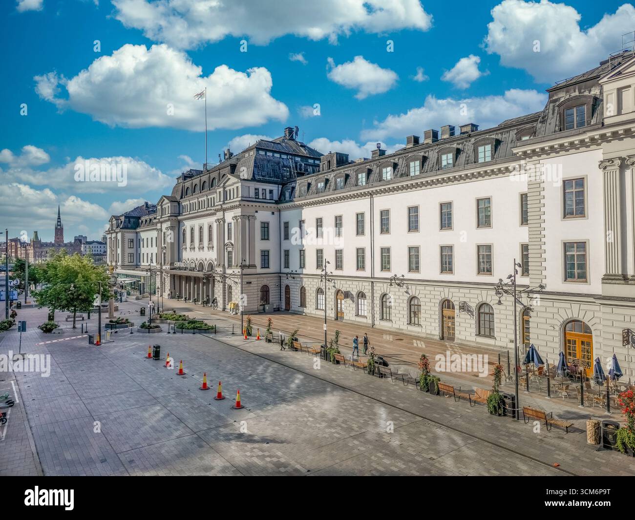Morning view of Stockholm Central Station with no taxis cloudy blue sky Stock Photo