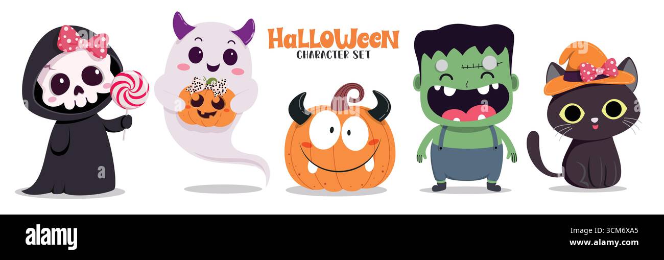 Halloween character clipart set. Cute Halloween character clip art like Grim Reaper, Ghost, Pumpkin, Monster and Cat wearing mascot and costume Stock Vector
