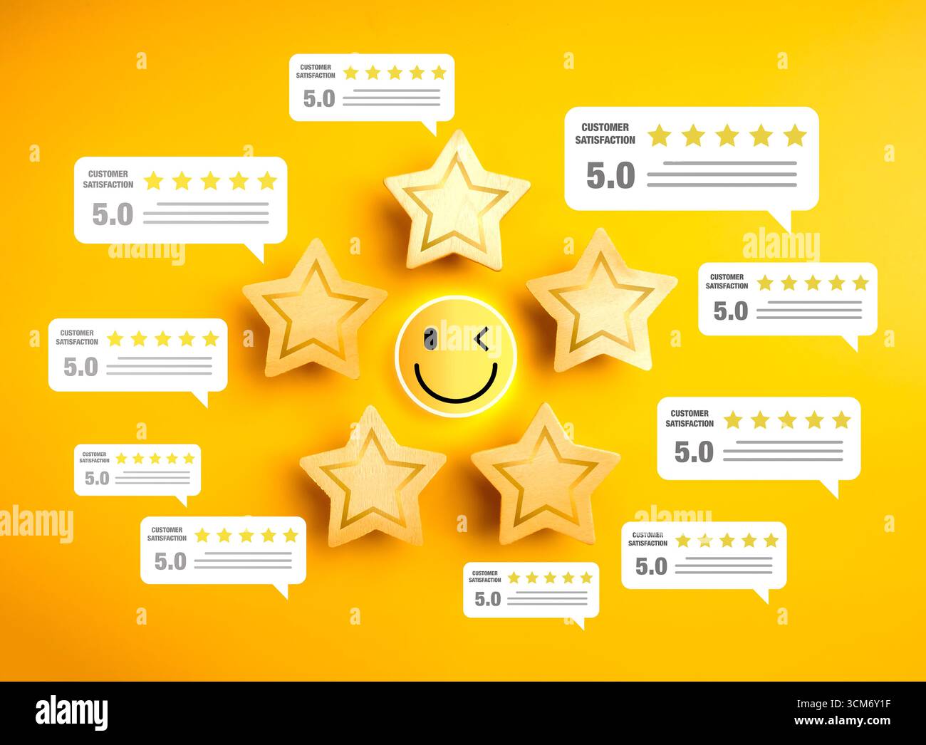 Customer satisfaction and rating concept with wooden stars, smiling ...