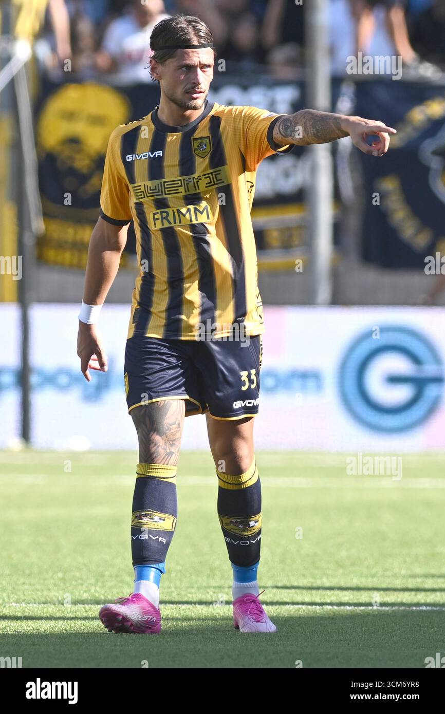 Castellamare Di Stabia, Napoli, Italy. 13th Sep, 2025. Andrea Giorgini of SS Juve Stabia gestures during the Serie BKT between SS Juve Stabia vs AC Reggiana 1919 at Romeo Menti Stadium on September 13, 2025 in Castellamare di Stabia, italy (Credit Image: © Agostino Gemito/Pacific Press via ZUMA Press Wire) EDITORIAL USAGE ONLY! Not for Commercial USAGE! Stock Photo