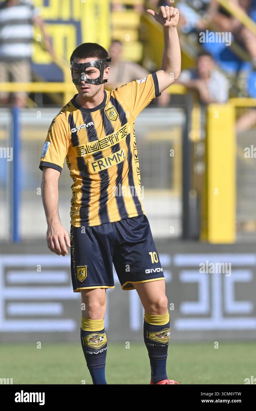 Castellamare Di Stabia, Napoli, Italy. 13th Sep, 2025. Christian Pierobon of SS Juve Stabia gestures during the Serie BKT between SS Juve Stabia vs AC Reggiana 1919 at Romeo Menti Stadium on September 13, 2025 in Castellamare di Stabia, italy (Credit Image: © Agostino Gemito/Pacific Press via ZUMA Press Wire) EDITORIAL USAGE ONLY! Not for Commercial USAGE! Stock Photo