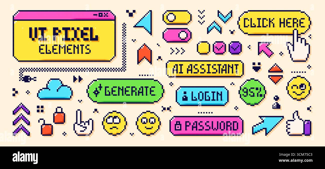 Pixelated Y2K user interface elements. The aesthetics of the 90s. 8-bit ...