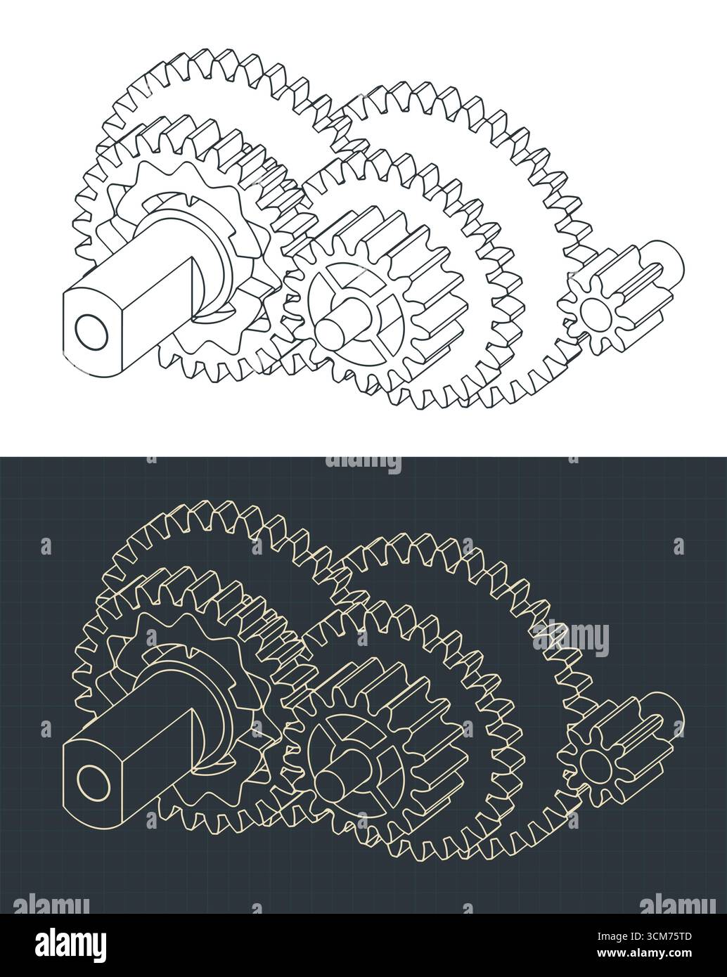 DC electric motor gear reduction isometric drawings stylized vector ...
