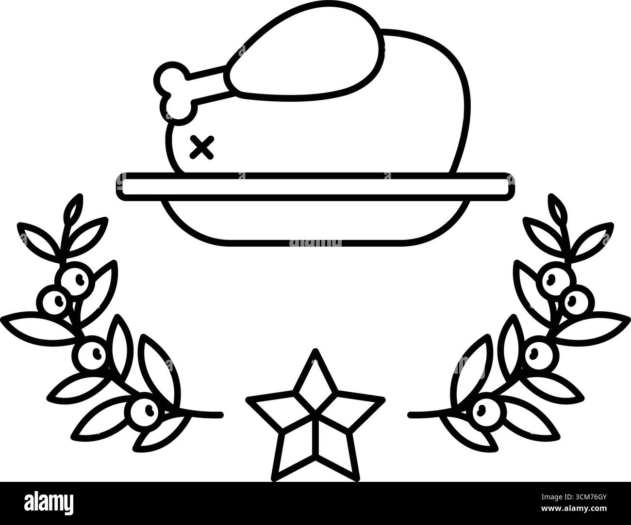 A cartoon drawing of a turkey on a plate with a star and leaves around it. The turkey is looking down and he is sad Stock Vector