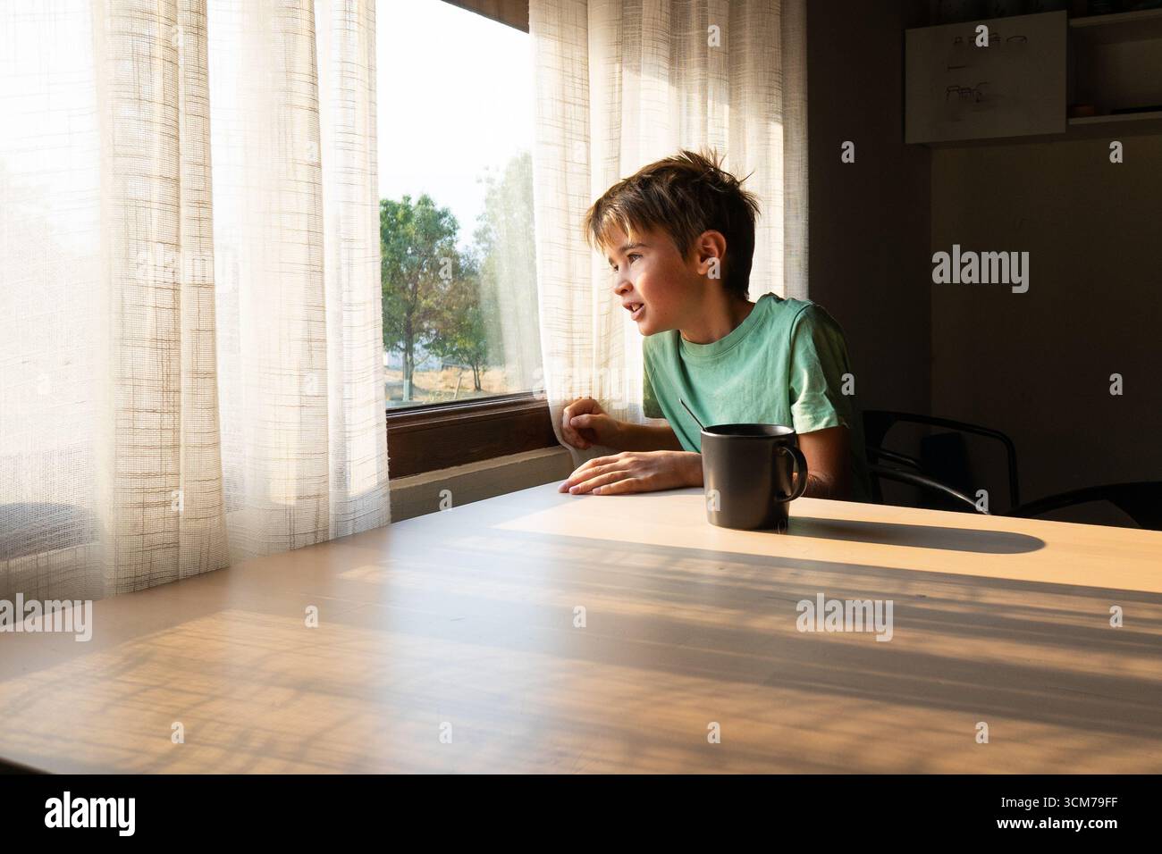 Boy looking through window while having breakfast at home in a sunny morning Stock Photo