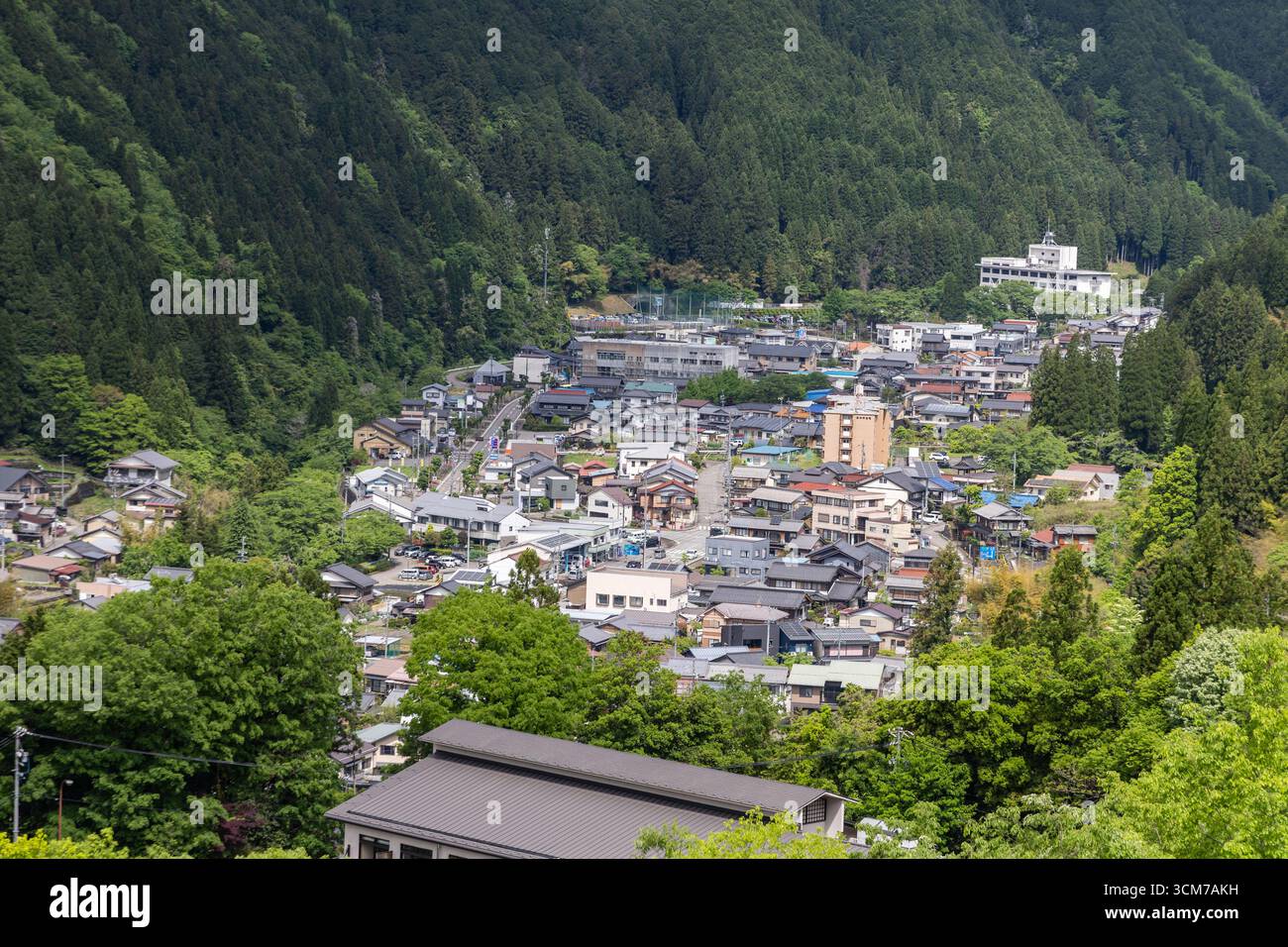 Close-up aerial view of Gujo Hachiman town, a small riverside town in ...