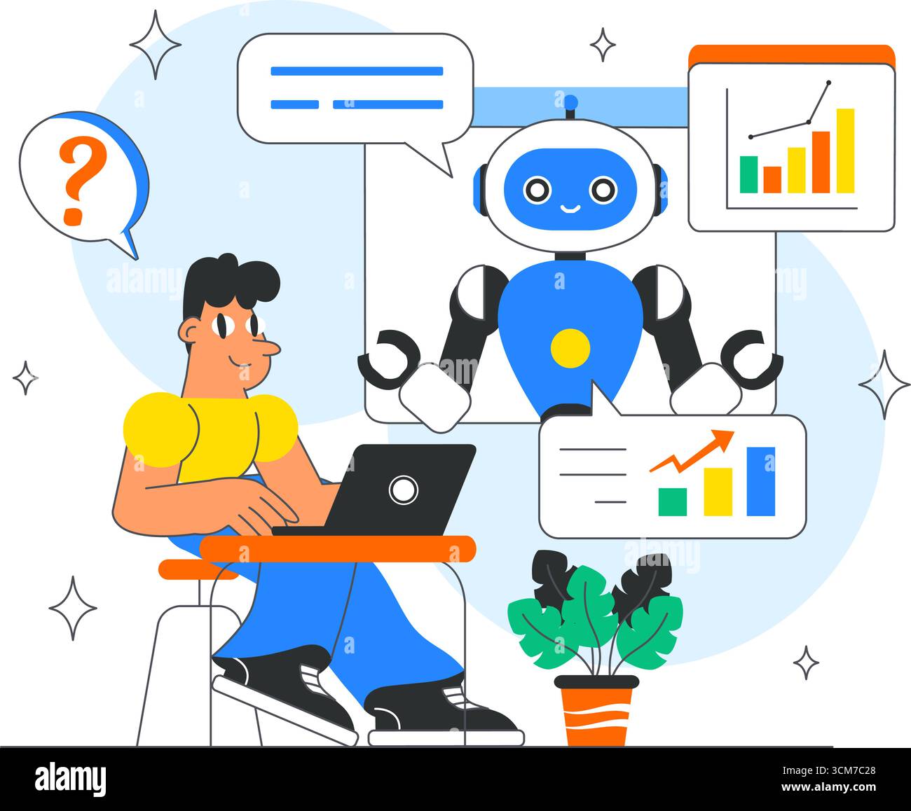 AI Powered Tools Illustration featuring Ai Powered Data analytics, Automated Information Research, Mobile Intelligent interfaces, and SEO Advertising Stock Vector