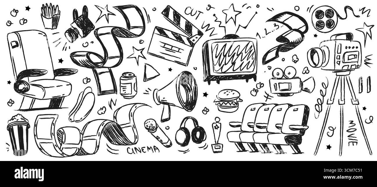 Cinema doodle set with film, movie and video sketch elements - hand drawn popcorn and camera, clapperboard, seats and projector with entertainment icons. Black line illustrations for media designs. Stock Vector