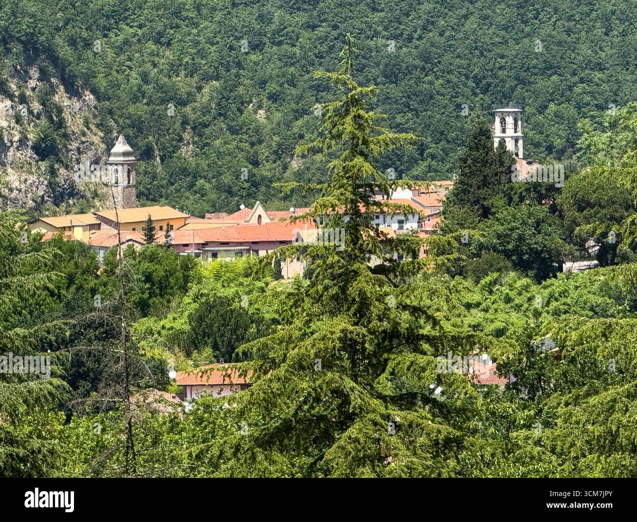 The skyline of small medieval town Fivizzano seen through the trees from the 16th century monastery called 11 convento del Carmine in the commune prov - Smartphone Captured Stock Image