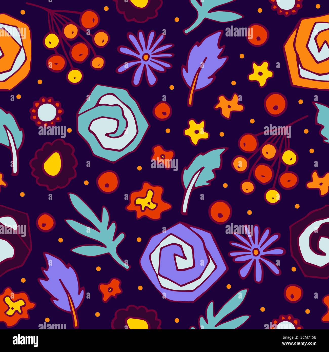 Doodle flowers seamless pattern. Color abstract autumn plants, buds, berries on dark violet background. Hand-drawn leaves, petals. Stylized halloween Stock Vector