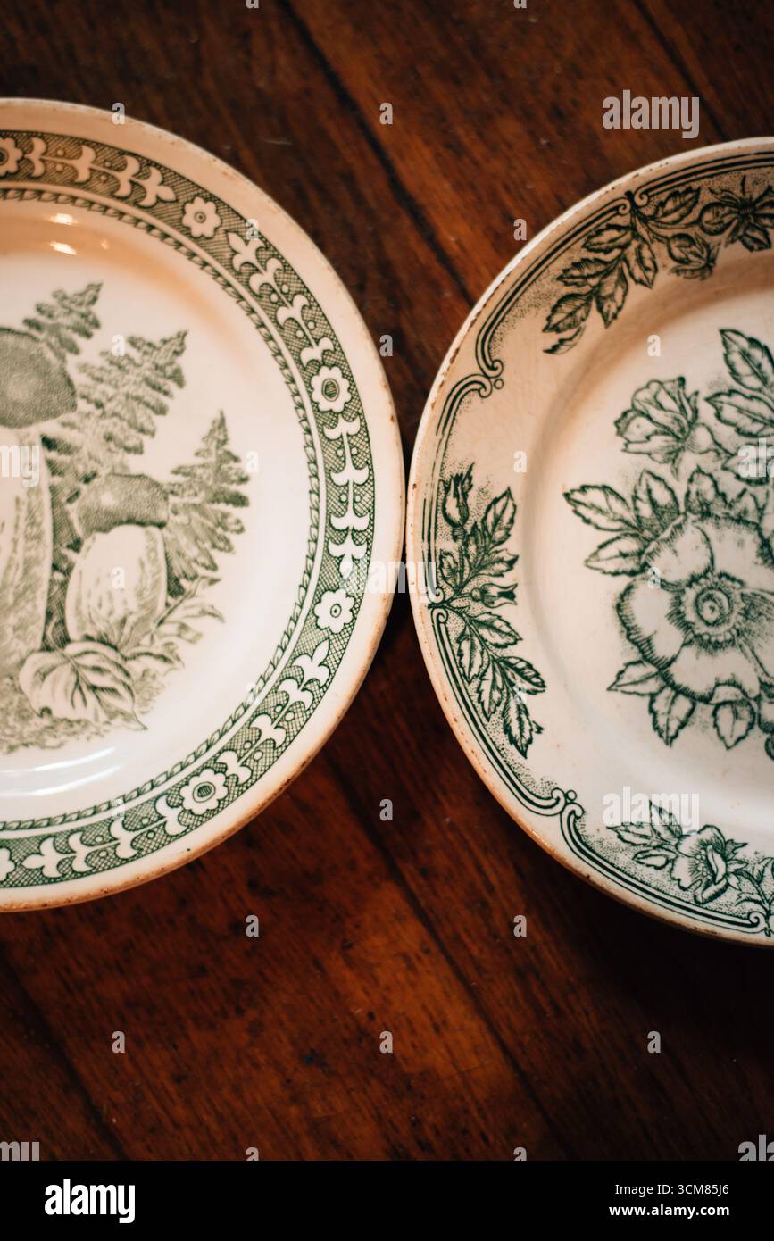 Vintage plates with green design Stock Photo