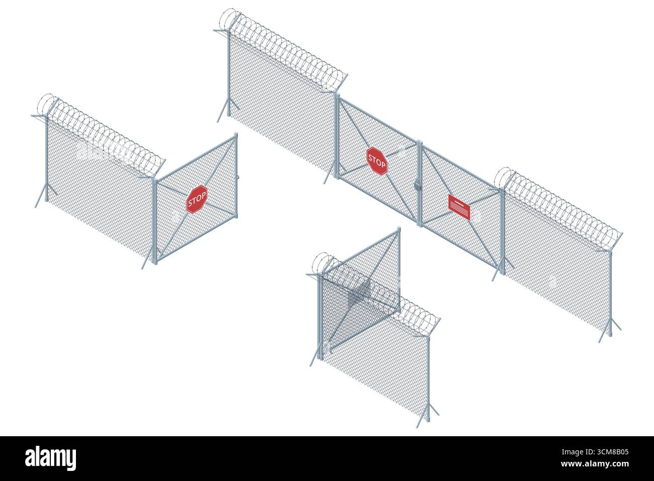 Isometric wire fence with barbed wire, gates, and stop signs. Concept of border security, restricted area, migration barrier. Stock Vector