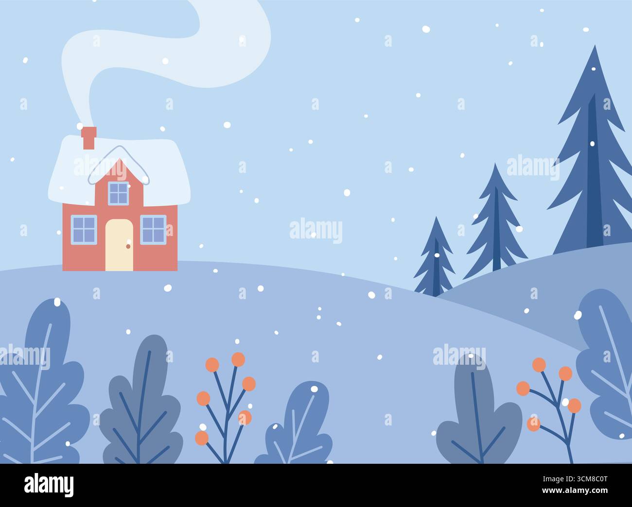 Winter Snowy House Landscape with Trees and Falling Snow Illustration ...