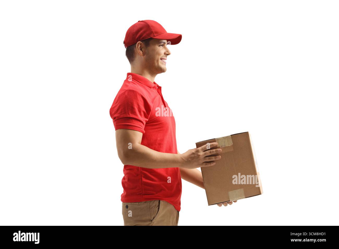 Courier holding a cardboard box isolated on white background Stock Photo