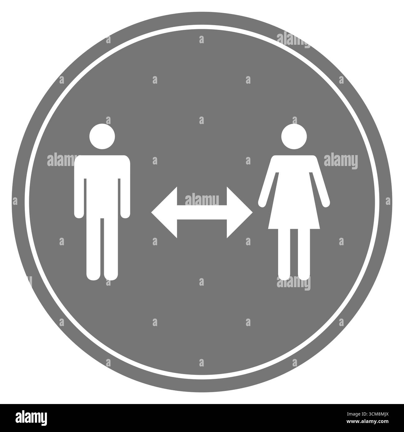 Gray circle button with 2 people and arrow to indicate distance or discretion Stock Photo