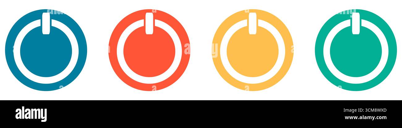 4 colorful buttons in blue red orange and green show switch to turn off Stock Photo