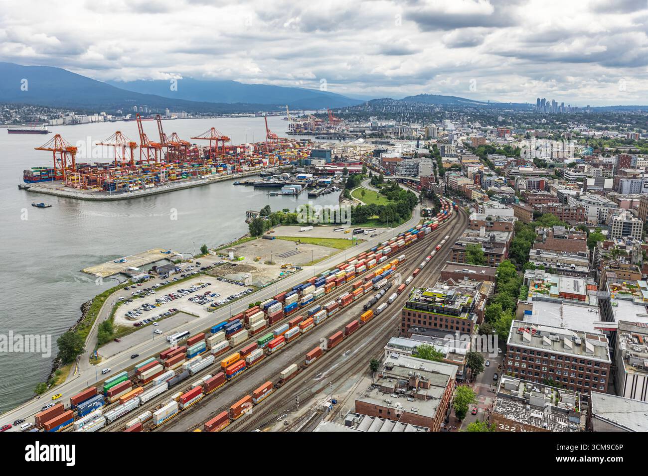 Areal view Vancouver Port with hundreds of shipping containers ...