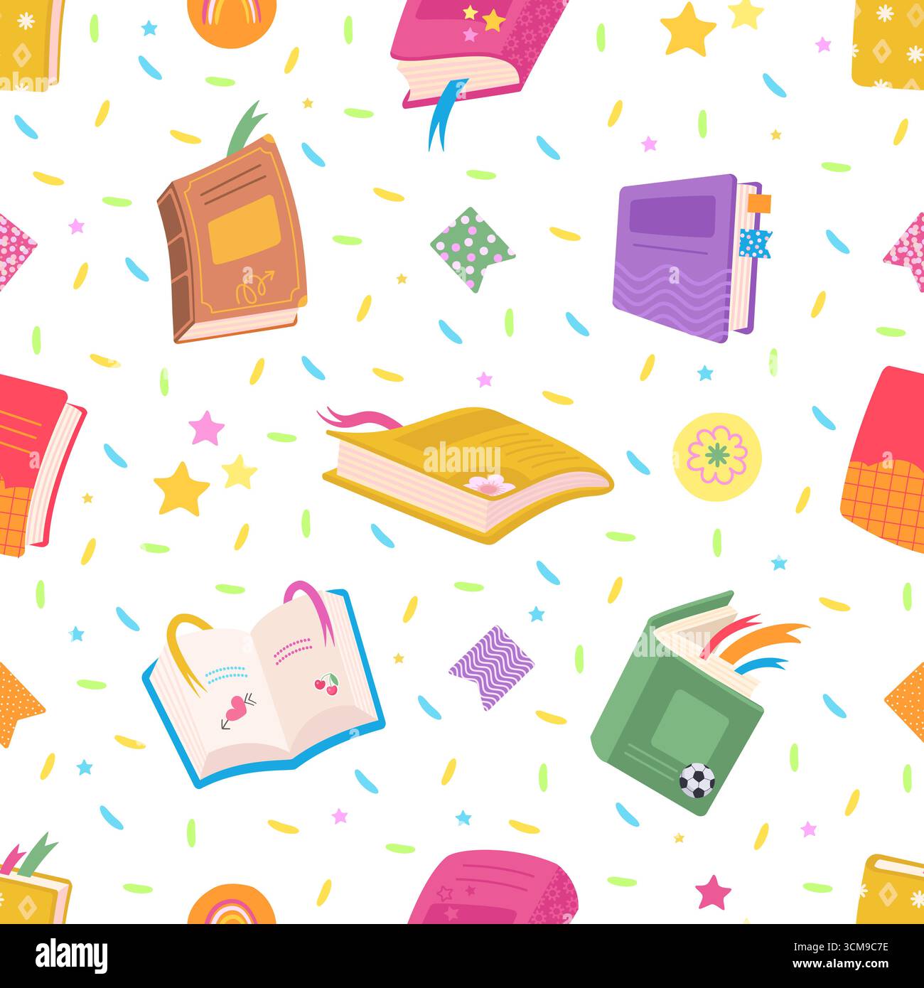 Book seamless pattern. Cartoon books open and closed, diary, notebooks, study. Decorative educational print template, nowaday vector background origin Stock Vector