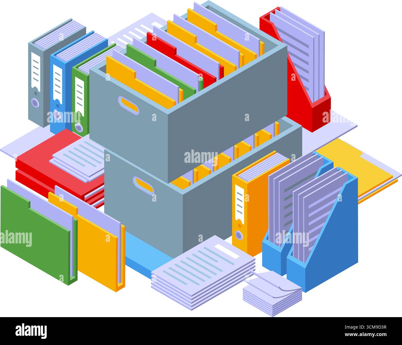 Isometric office folders. Big plastic boxes with work documents. Bright ...