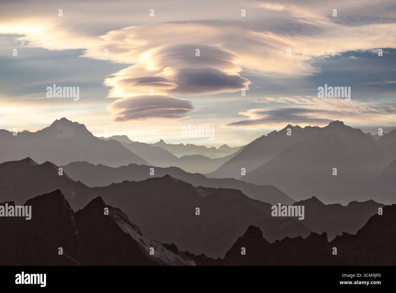 Evening atmosphere on the Sulzkogel towards Oberland, Tyrol Stock Photo