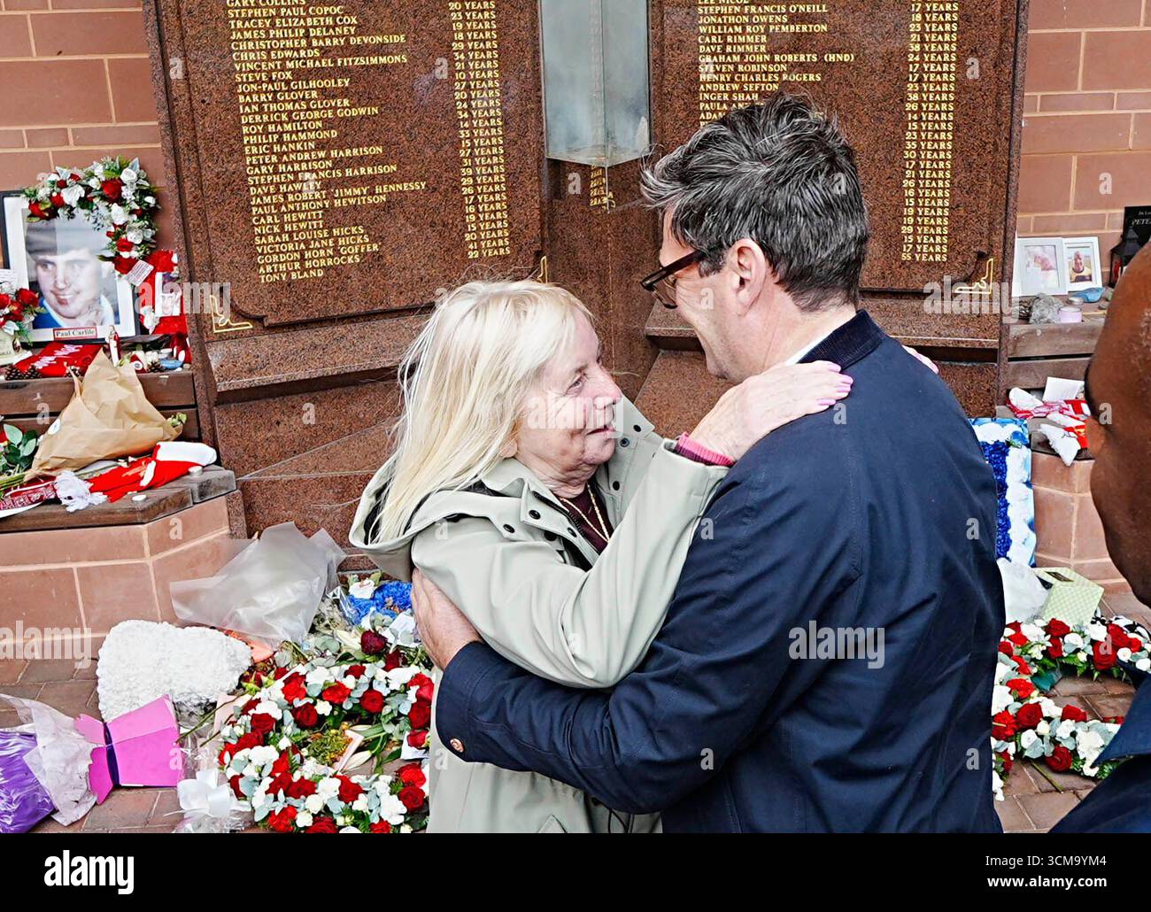 EMBARGOED TO 2230 MONDAY SEPTEMBER 15 Andy Burnham with Hillsborough campaigner Margaret Aspinall at the Hillsborough memorial at Anfield, Liverpool, ahead of the Labour government introducing legislation on the Hillsborough Law, which will include a legal "duty of candour", where public servants could face jail if they are found not to have told the truth during investigations or inquiries. Picture date: Monday September 15, 2025. Stock Photo