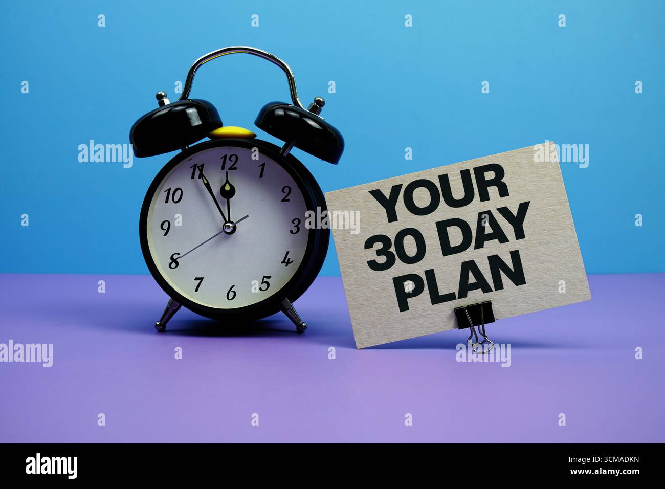 Your 30 Day Plan text with alarm clock flat lay on green background ...