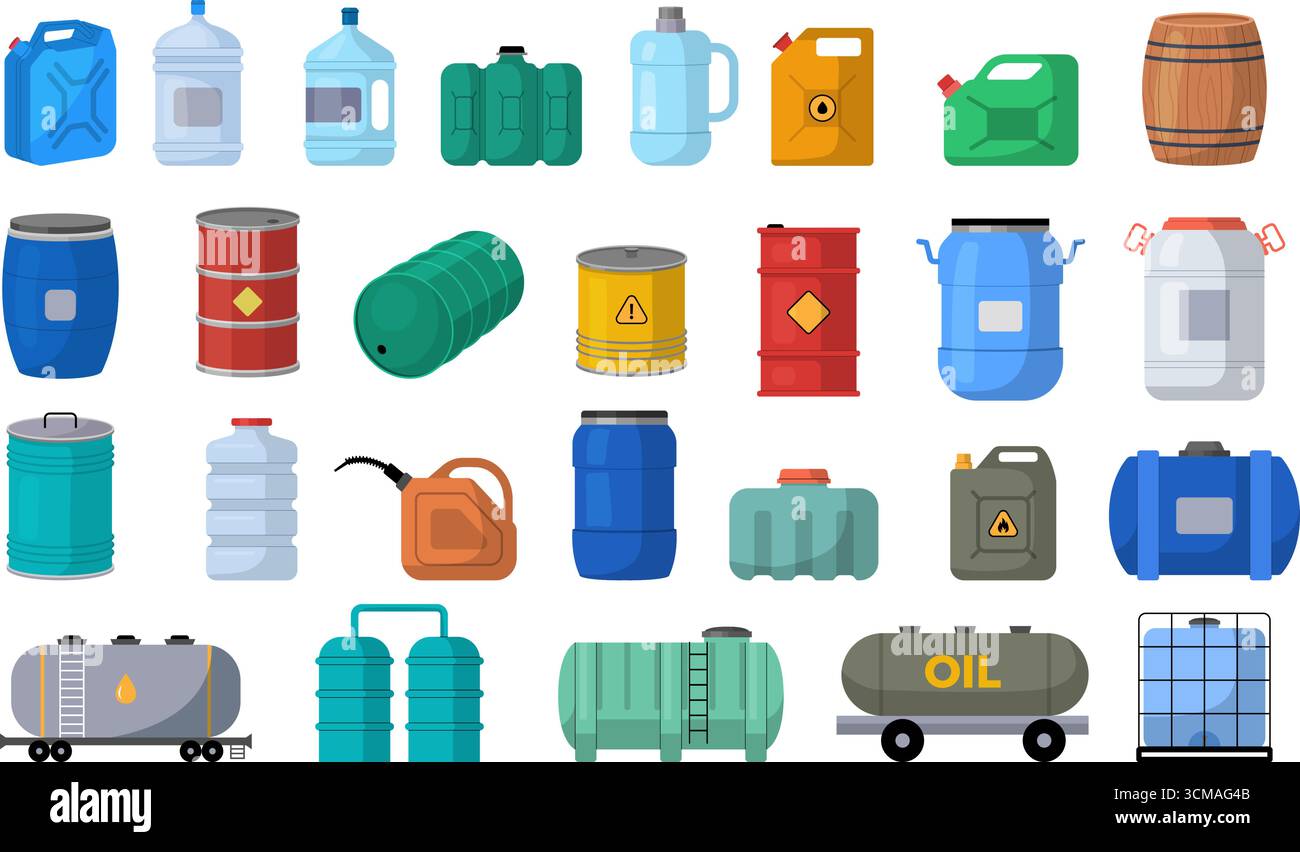 Liquid storage. Different size containers for liquids bottles canister ...