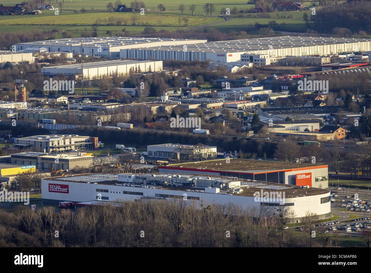 Aerial view, Moebel Hoeffner in the district Rhynern in Hamm, Ruhr area, North Rhine-Westphalia, Germany, DE, Europe, commercial enterprises, commerci Stock Photo