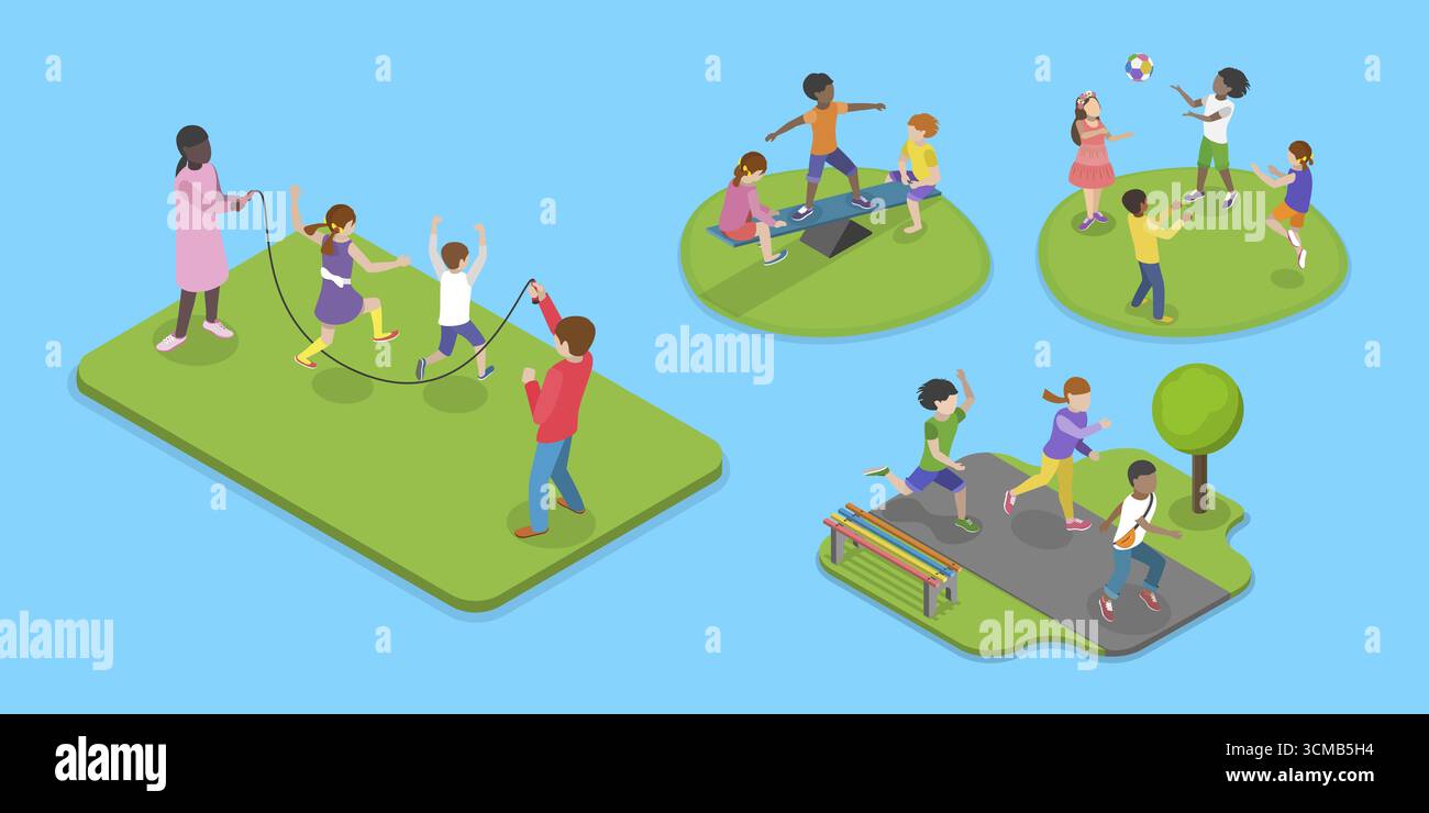 3D Isometric Flat Illustration of Children Playing Outside, Active ...