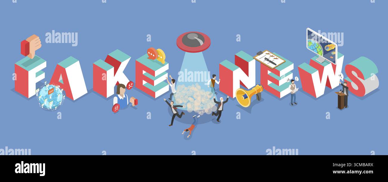 3D Isometric Flat Illustration of Fake News, Spreading Untruth ...
