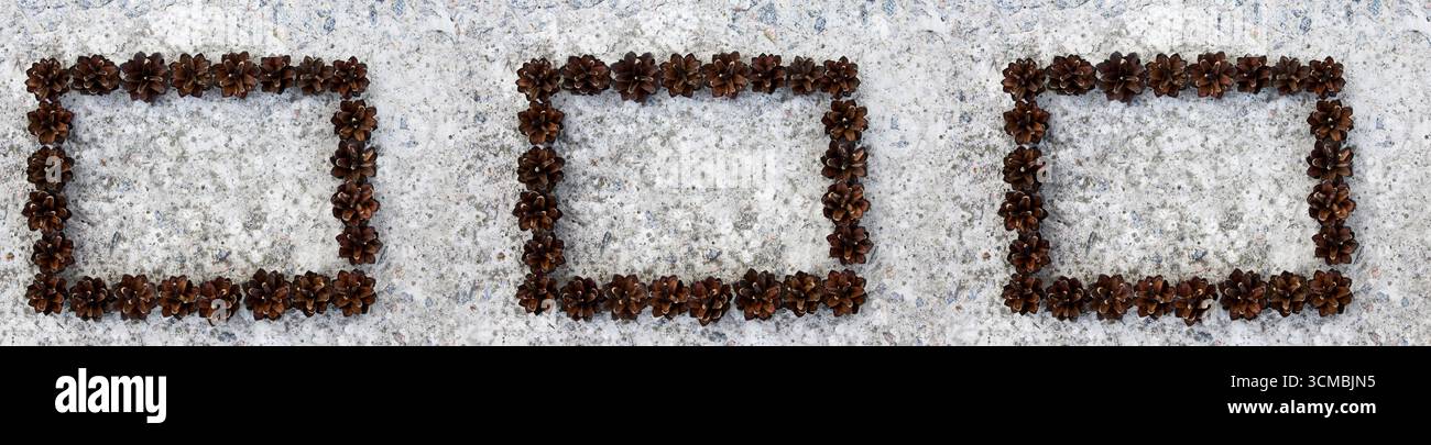 Minimalist composition with three pine cone rectangular frames on light textured surface. Perfect for holiday greeting cards, seasonal decoration, pos Stock Photo